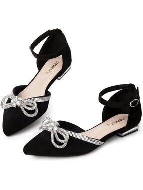 Women's Flats Shoes Rhinestone Black/Bow Pointed Toe Comfort Flat Silver Bowknot